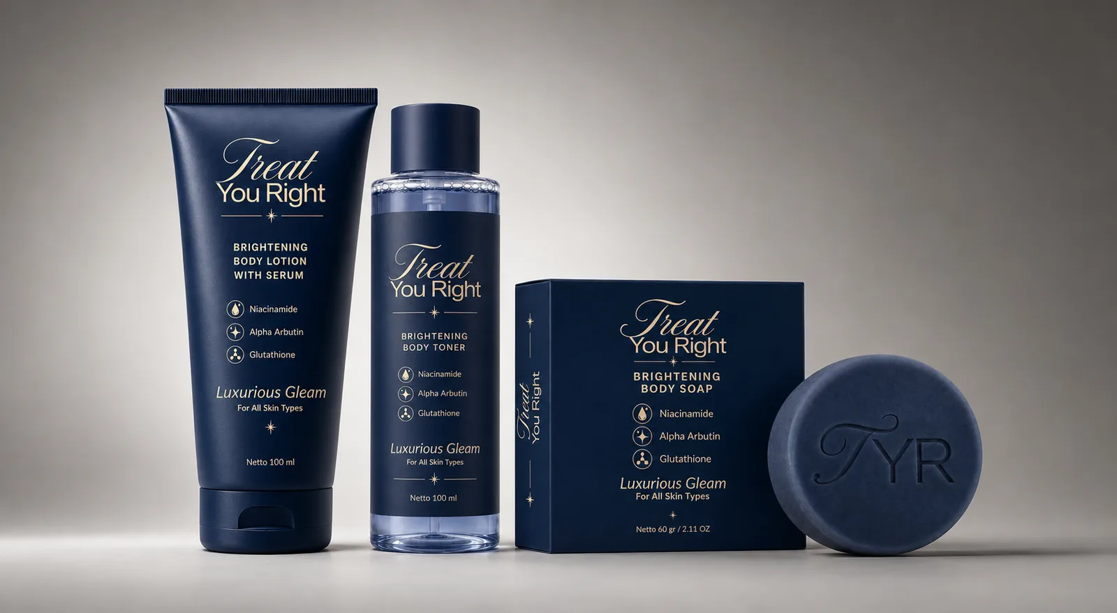 Rangkaian lengkap Treat You Right: body lotion, body toner, dan body soap.